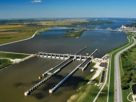 Aerial view of Upper Wood River Levee System located on the Mississippi river